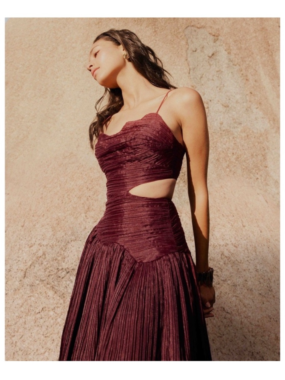 Aje Laurier Wave Maxi Dress Burgundy Red Plissé-Organza Waist Cut-out‎ Gown 12/L - Picture 2 of 16